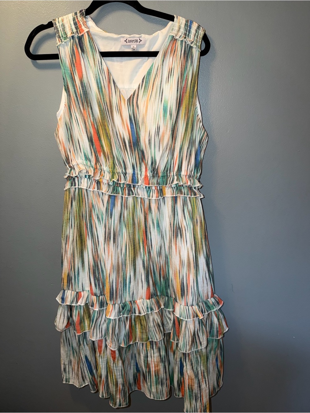 Nanette Lepore White Multi-Color V-Neck Ruffle Dress